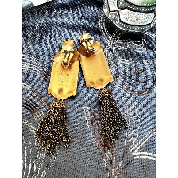 Vintage Tim Lambert Designer Gold Plated Russian Iconography Dangle Earrings/Cli - Picture 6 of 9